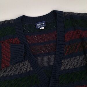 Edison Knitwear Cardigan Mens S Acrylic Navy Green Stripe Vintage Made in USA